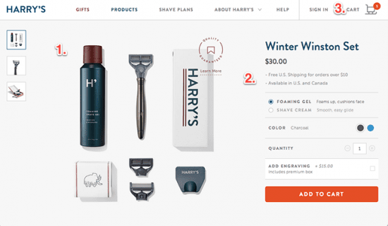 Product page example with Harrys