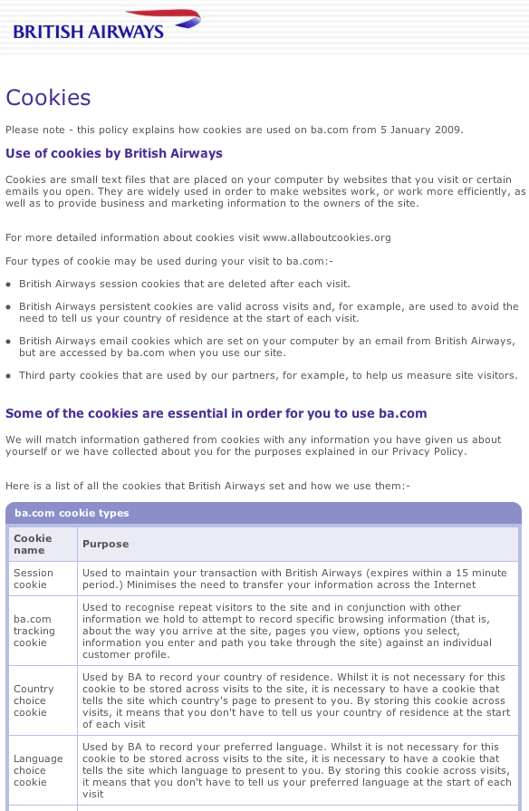 BA.com cookie policy