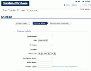 Carphone Warehouse 1st page of checkout