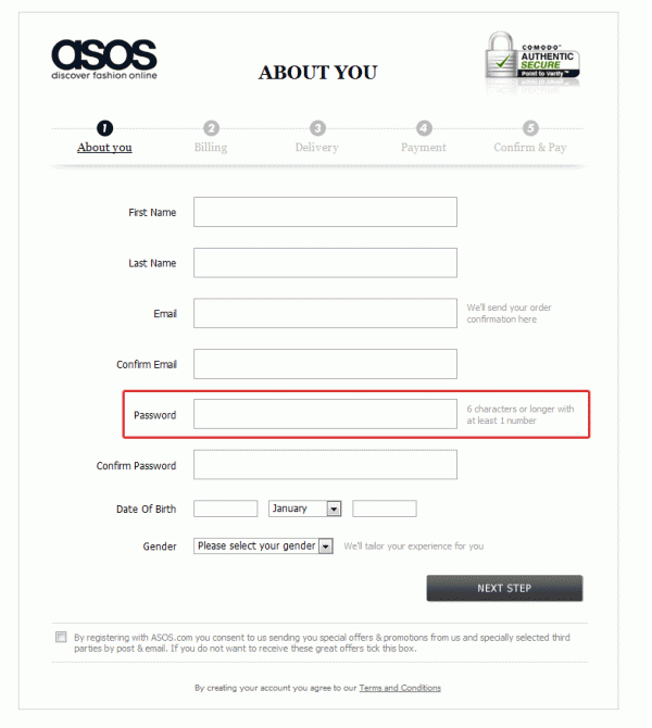 ASOS and their about you page of checkout