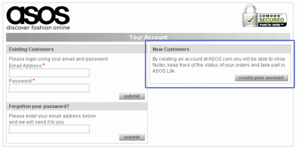 ASOS old account creation option