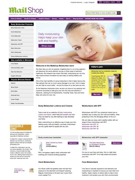 Mail Shop face and body moisturiser products landing page