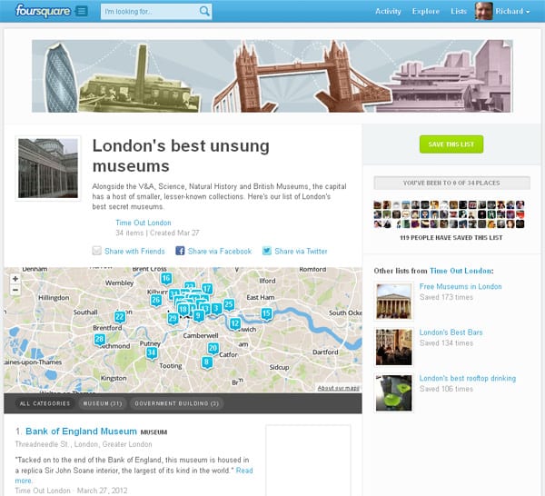 An Example of Lists on Foursquare