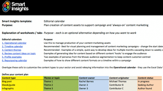 editorial calendar spreadsheet smart insights