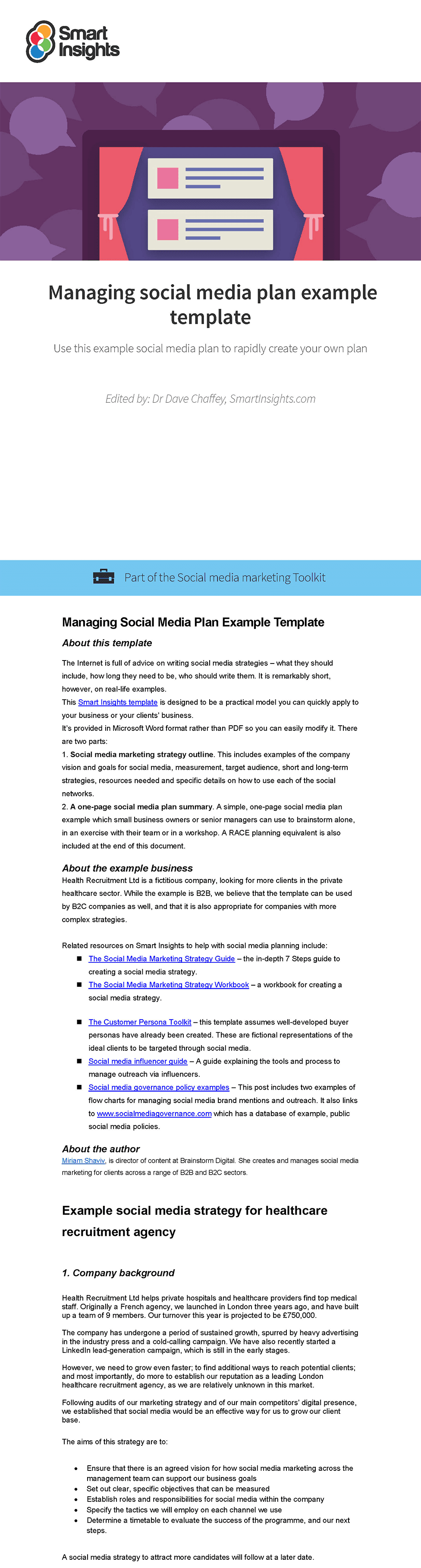 Managing social media plan example template  Smart Insights Pertaining To Social Media Marketing Business Plan Template