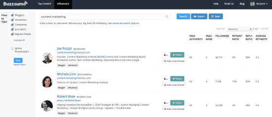 BuzzSumo - inlfuencer report