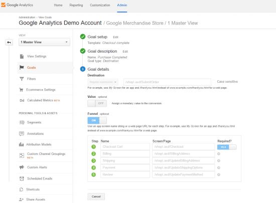 google anlaytics goal set up