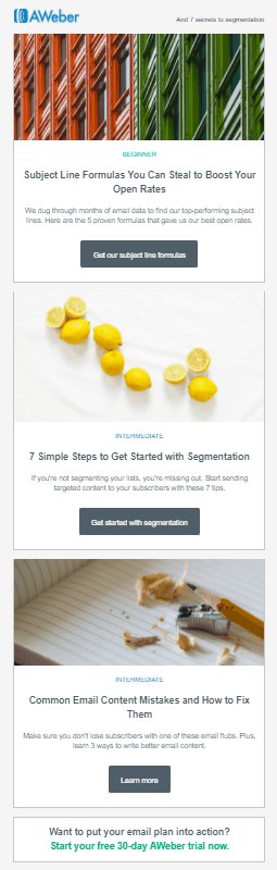 AWeber blog content and inspiration email.