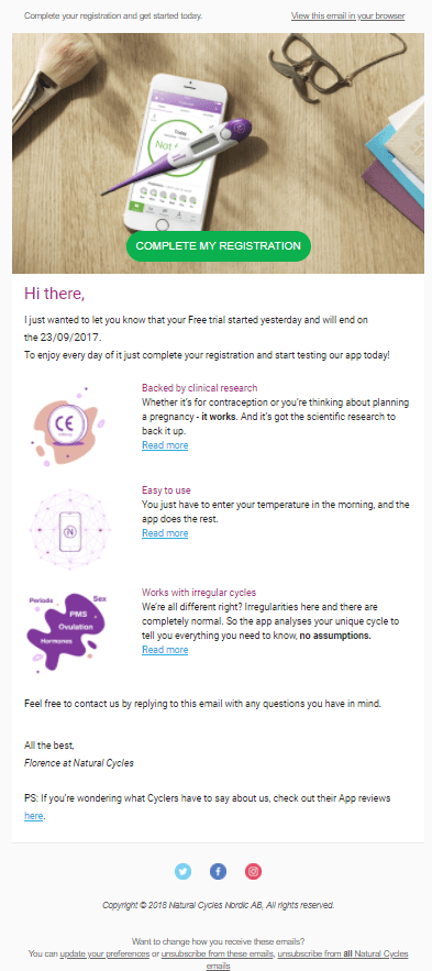 Natural Cycles completed trial signup.