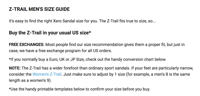 z-trail size guide