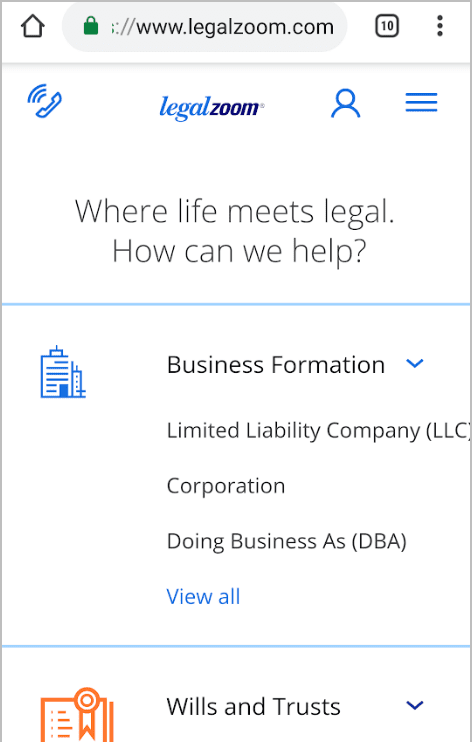 Legal Zoom mobile site