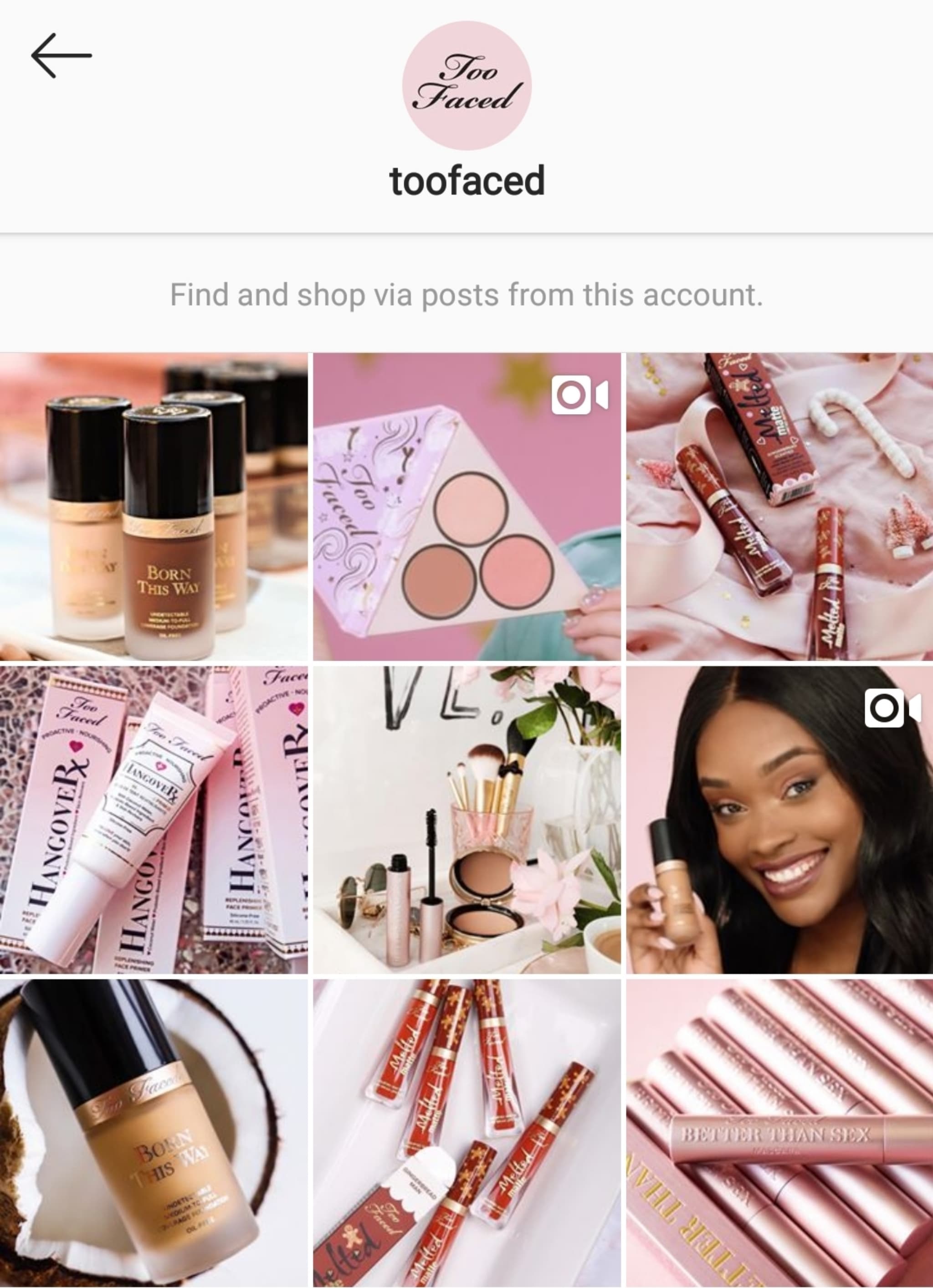 Too Faced Instagram Shop tab