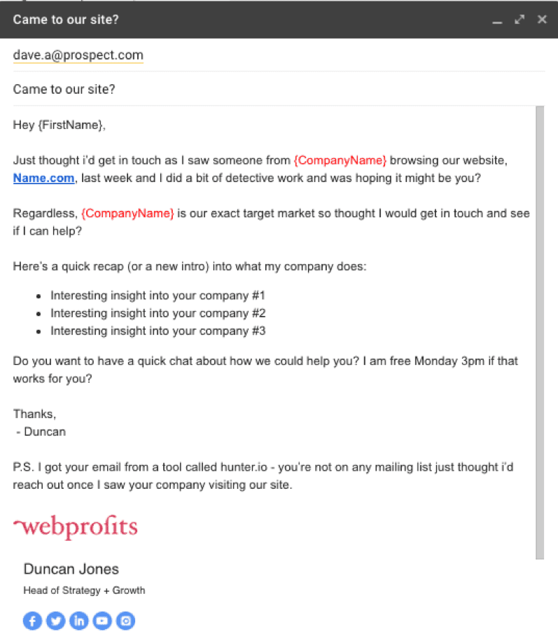 'Came to our site' email example
