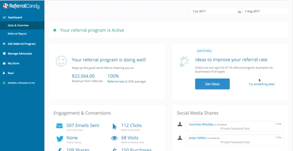 Referral Candy dashboard