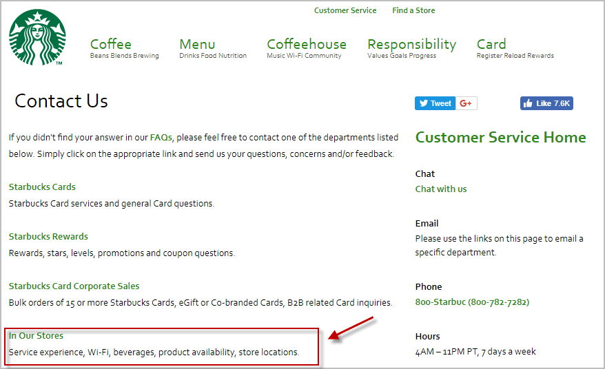 Starbucks Contact Us page