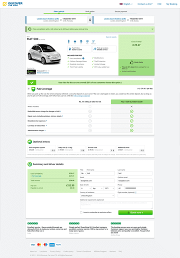 Discover Car Hire booking page