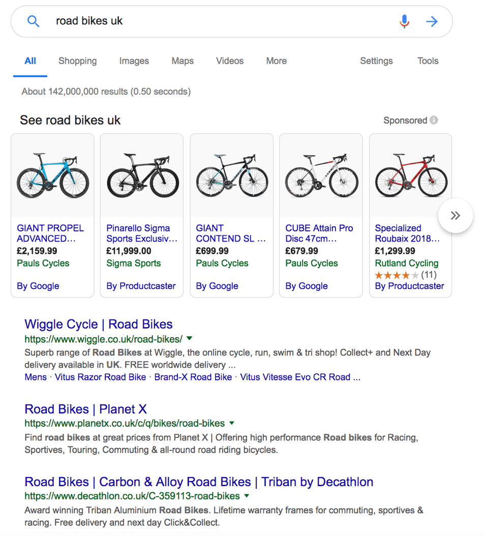 Road bikes UK Google search results