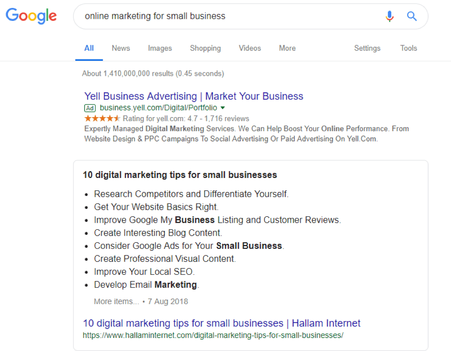 Example of a list featured snippet