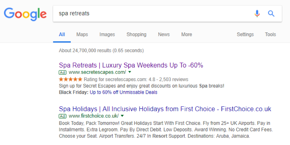 Secret Escapes Google ad