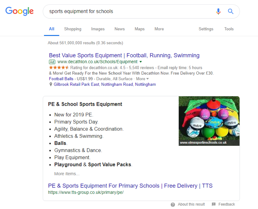 Transactional example of a list featured snippet