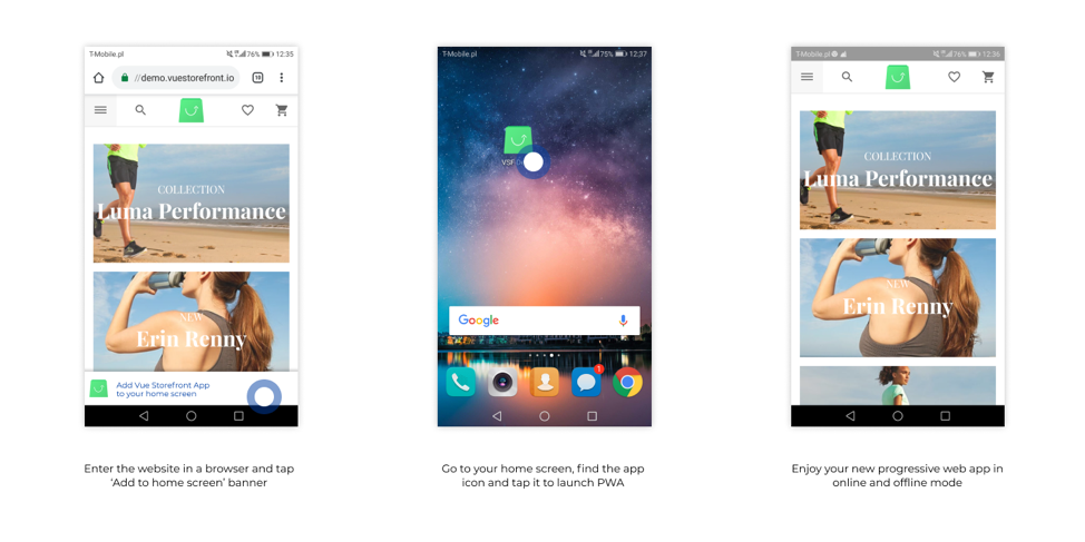 Adding a progressive web app to the ome screen with the Vue Storefront