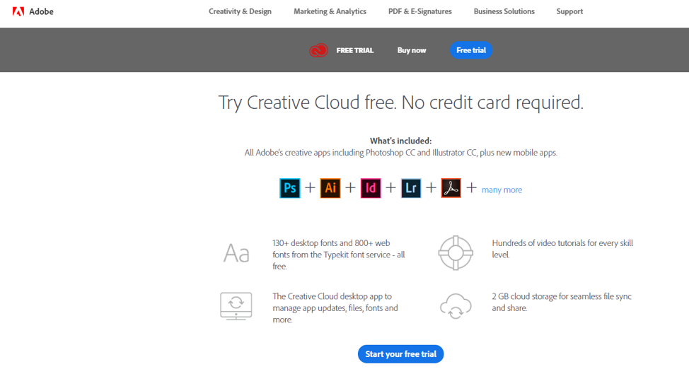 Adobe free trial CTA