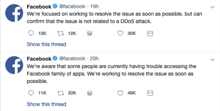 Facebook technical issues response tweets