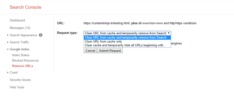 Clear URL from cache on Search Console