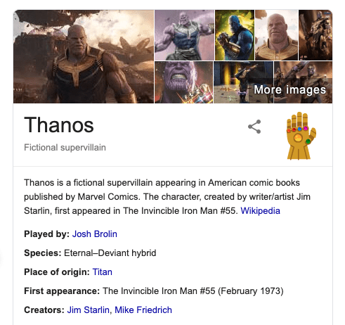 Thanos search results on Google