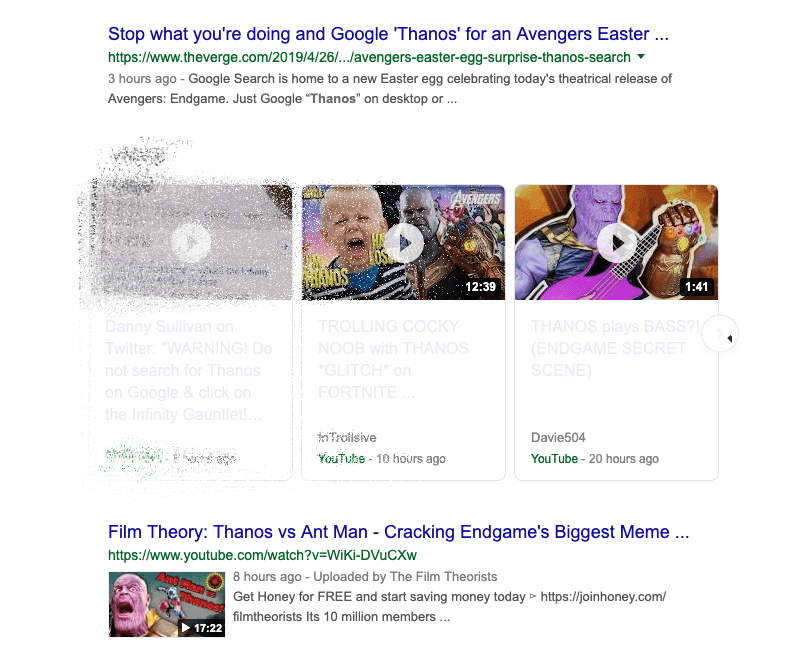 Thanos vanishing search results