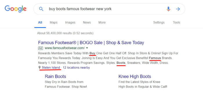 Google paid search result