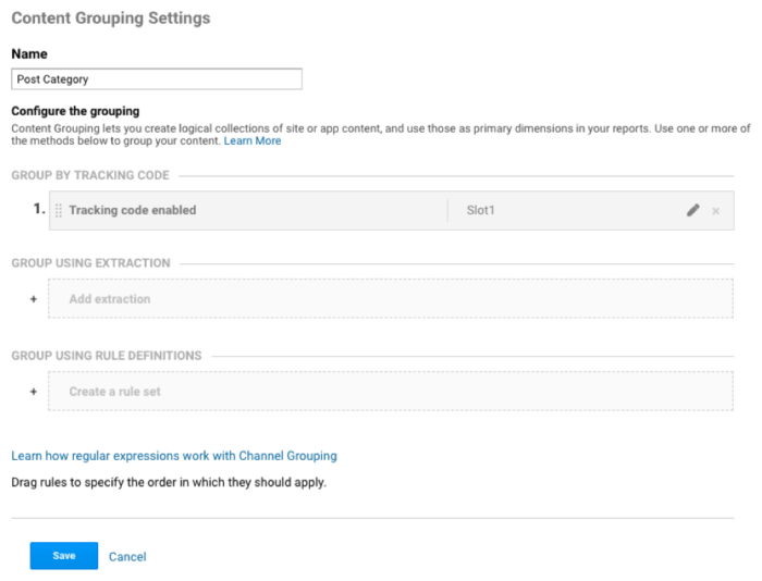 Content grouping settings