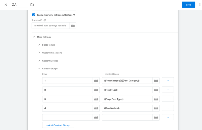 Content groupings in Tag Manager