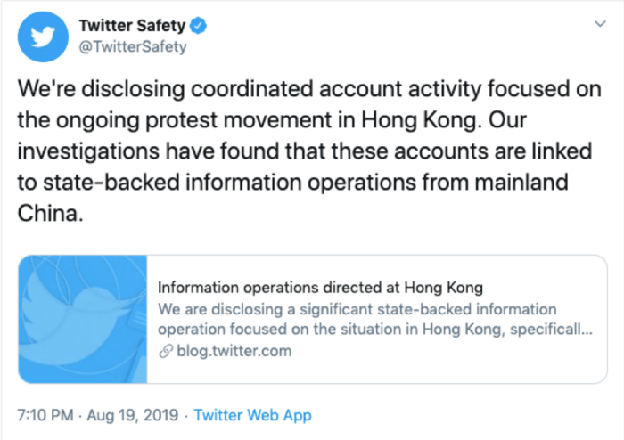 Twitter Hong Kong account removal Tweet