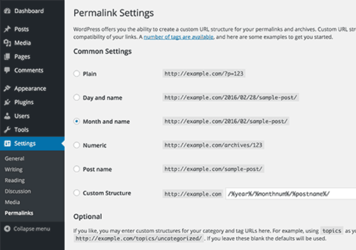 Wordpress permalink settings