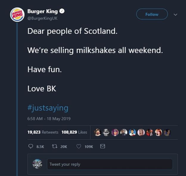 Burger King milkshake tweet