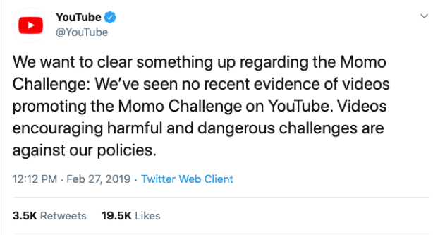 YouTube Momo Challenge Tweet