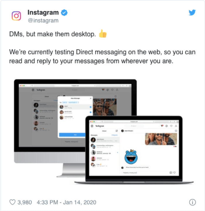 Instagram DM tweet announcement