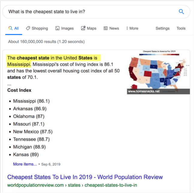 Featured snippet example