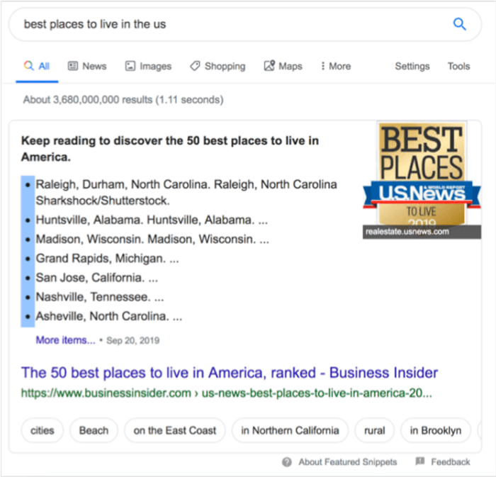 Google bullet point featured snippet