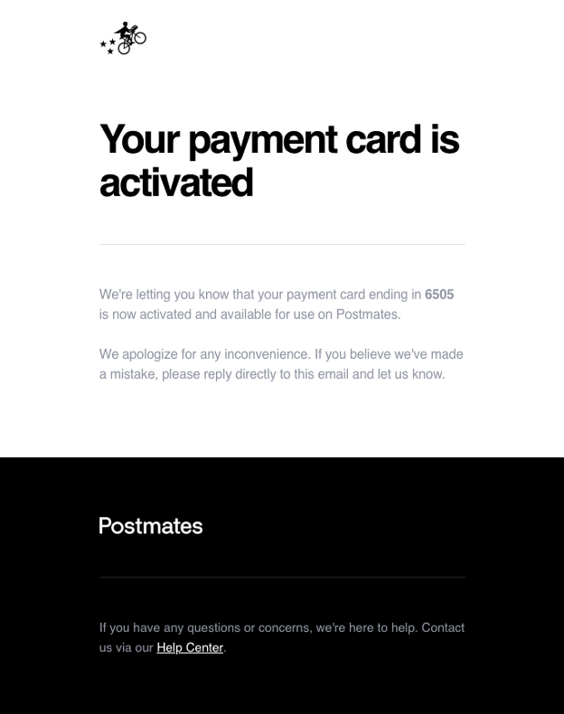 Payment card activation message