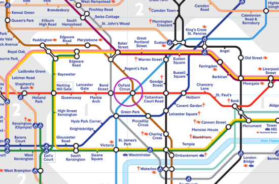 Section of the London tube map, with a ring around Oxford Circus station